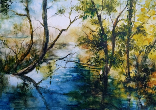 abby,aquarelle,watercolor,paysage,landscape,arbres,rivière