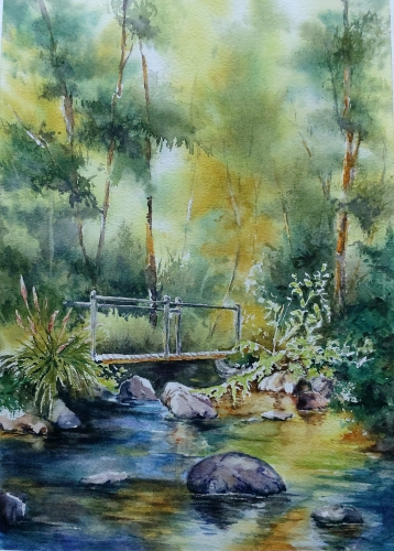 abby,aquarelle,watercolor,paysage,landscape,arbres,rivière