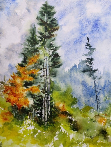 aquarelle,abby,paysage,bois,forêt,arbres,barrière,campagne,watercolor,rivière