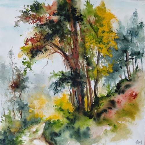 aquarelle,abby,paysage,bois,forêt,arbres,barrière,campagne,watercolor
