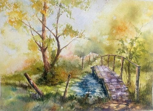 abby,aquarelle,watercolor,paysage,landscape,arbres,rivière