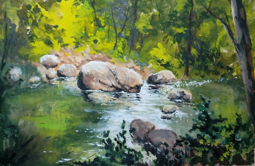 Gouache,abby,forêt, sous-bois, neige,peinture,orne,normandie