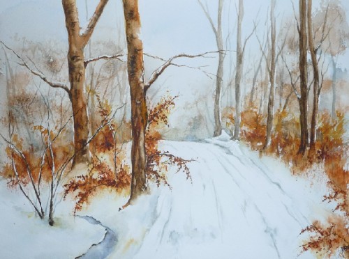 aquarelle,paysage,neige,forêt,arbres,chemin,hiver