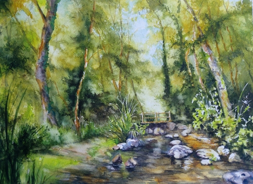 Aquarelle,watercolor,abby,aquarelle paysage, orne, normandie, rivière, reflets