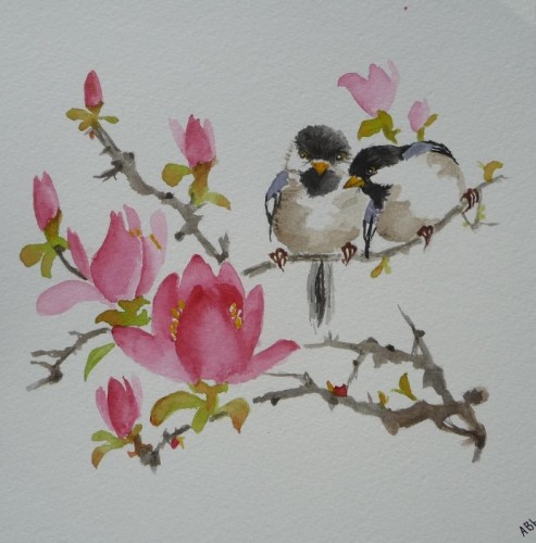 aquarelle,oiseaux,peinture chinoise,abby,watercolor,nature,magnolias