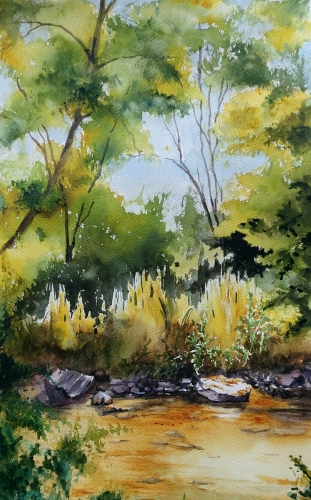 Aquarelle,watercolor,abby,aquarelle paysage, orne, normandie, rivière, reflets