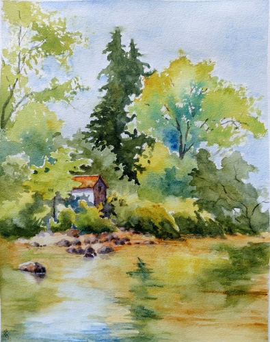 Aquarelle,watercolor,abby,aquarelle paysage, orne, normandie, rivière, reflets