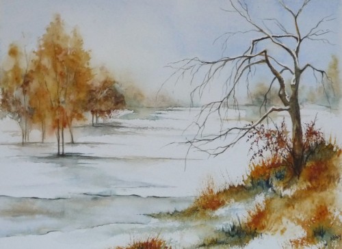 aquarelle,paysage,neige,arbre,lac,glace,hiver