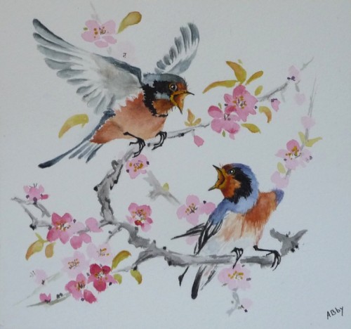 aquarelle,oiseaux,peinture chinoise,watercolor,prunus,abby