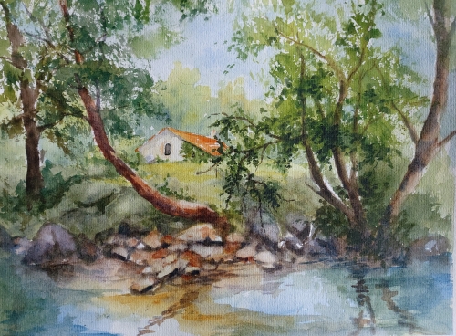 Aquarelle,watercolor,abby,aquarelle paysage, orne, normandie, rivière, reflets