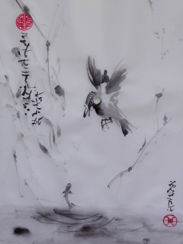 aquarelle,sumi-e,sumie,peinture chinoise, peinture japonaise,encre,abby,oiseau