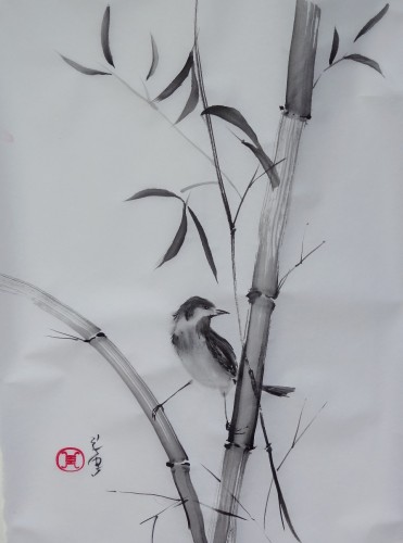 aquarelle,sumi-e,sumie,peinture chinoise, peinture japonaise,encre,abby,oiseau