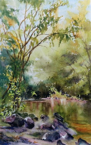 abby,aquarelle,watercolor,paysage,landscape,arbres,rivière