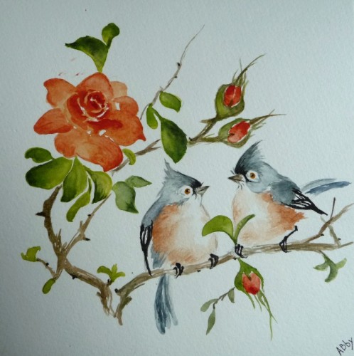 aquarelle,oiseaux,nature,rose,peinture chinoise,abby