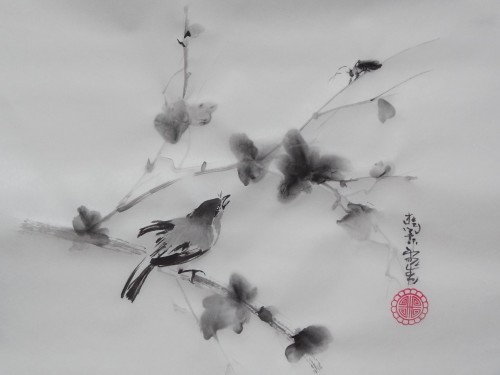 aquarelle,sumie,sumi-e,encre,peinture cinoise, peinture japonaise,oiseaux,abby