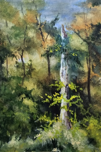 Gouache,abby,forêt, sous-bois, neige,peinture,orne,normandie
