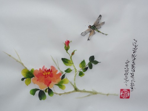 aquarelle,peinture chinoise,sumi-e,sumie,oiseau,fleur,rose,abby