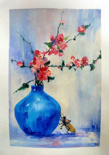 gouache,nature morte,vase,insecte,fleurs,fruits,peinture,abby roblet,abby,still life