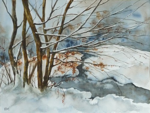 Aquarelle,paysage,arbres,hiver,lac