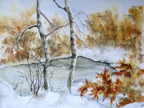 aquarelle,hiver,arbres,lac,étang gelé,paysage