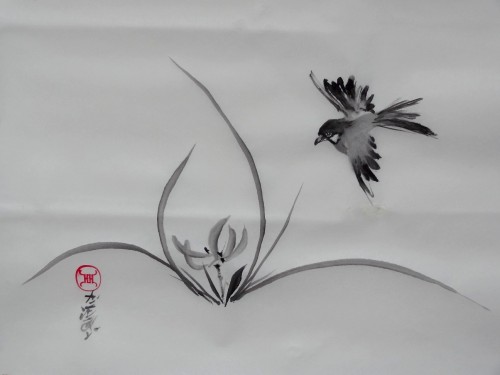 aquarelle,sumie,sumi-e,encre,peinture cinoise, peinture japonaise,oiseaux,abby