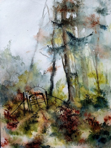 aquarelle,abby,paysage,bois,forêt,arbres,barrière,campagne,watercolor