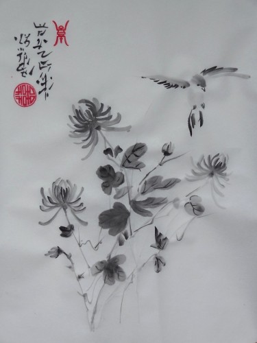 aquarelle,peinture chinoise,peinture japonaise,sumie,sumi-e,bambous,chrysanthème,oiseaux,abby,encre