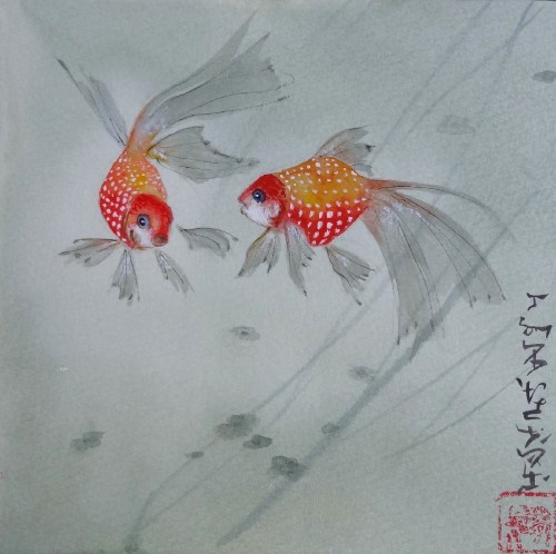 aquarelle,abby,poissons rouges,peinture chinoise,animaux,nature,watercolor