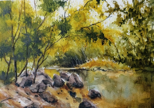 abby,aquarelle,watercolor,paysage,landscape,arbres,rivière