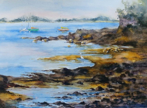 Aquarelle,watercolor,abby,aquarelle paysage, orne, normandie, rivière, reflets
