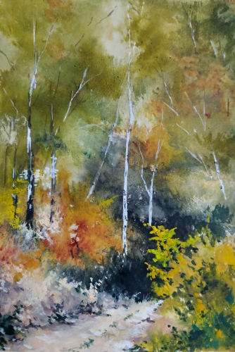 Gouache,abby,forêt, sous-bois, neige,peinture,orne,normandie