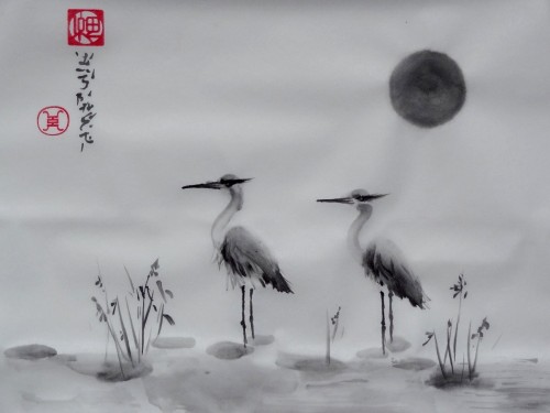 aquarelle,peinture chinoise,peinture japonaise,sumie,sumi-e,hérons,oiseaux,abby,encre