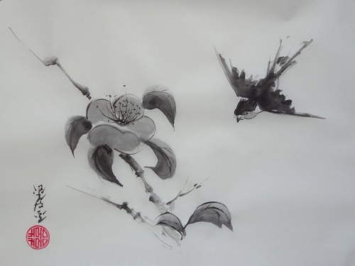 aquarelle,sumie,sumi-e,encre,abby,peinture chinoise,peinture japonaise,oiseaux