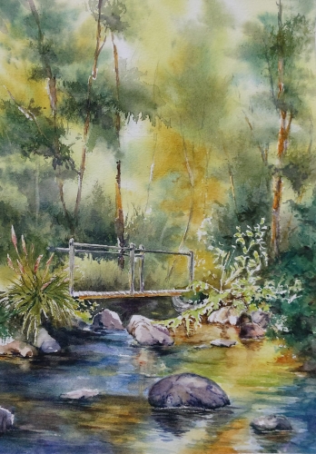 abby,aquarelle,watercolor,paysage,landscape,arbres,rivière