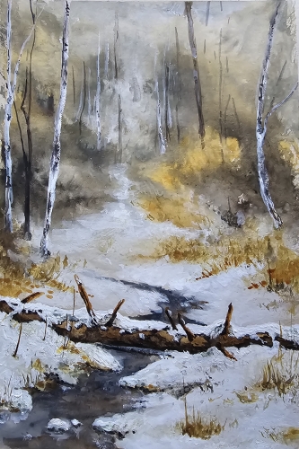 Gouache,abby,forêt, sous-bois, neige,peinture,orne,normandie
