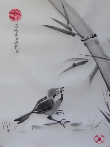 aquarelle,sumi-e,sumie,peinture chinoise, peinture japonaise,encre,abby,oiseau