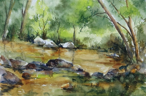 abby,aquarelle,watercolor,paysage,landscape,arbres,rivière