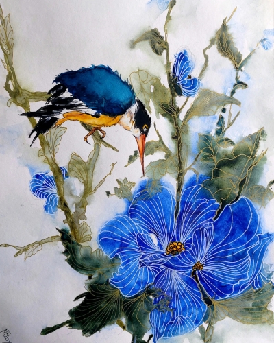 abby, aquarelle, watercolor, nature, peinture, art, oiseau,fleur, sumie