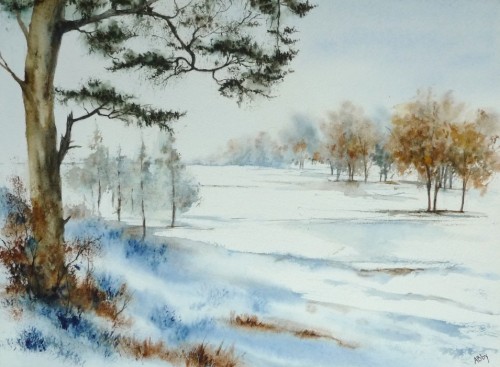 aquarelle,plaine,paysage,neige,hiver,pin,arbre