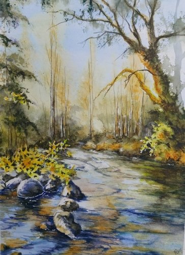 abby,aquarelle,watercolor,paysage,landscape,arbres,rivière