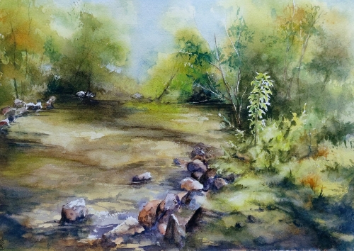 abby,aquarelle,watercolor,paysage,landscape,arbres,rivière